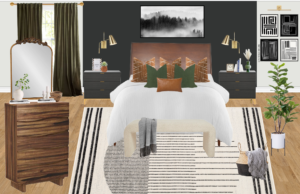 Design board of a master bedroom with designer furniture and stylish color schemes