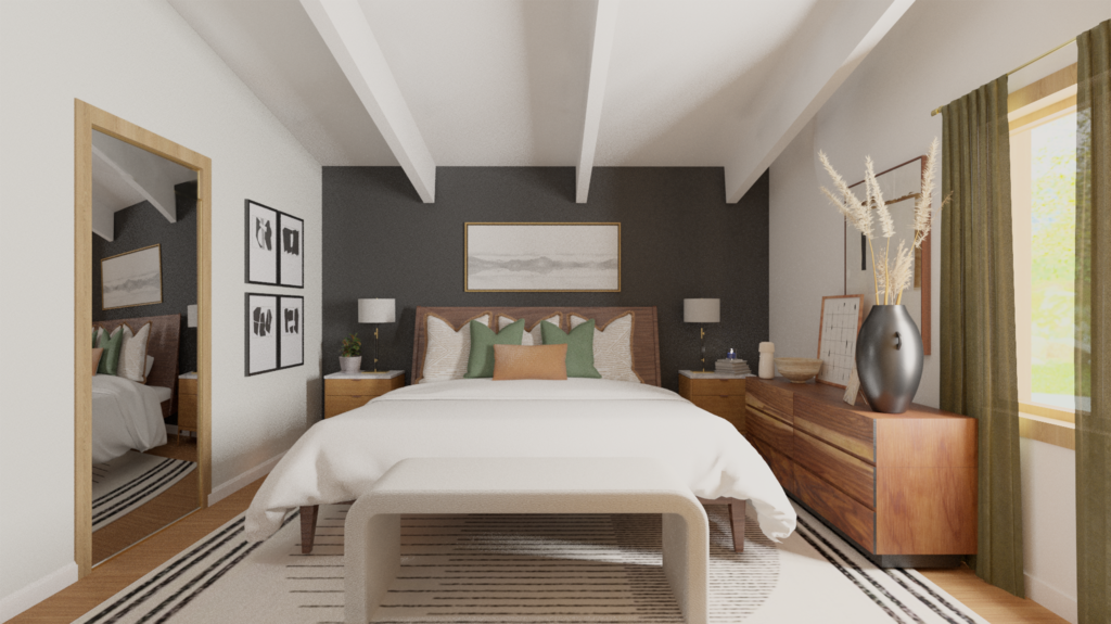 3D rendering of master bedroom with midcentury modern pops