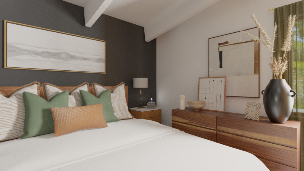 3D rendering of a master bedroom. Corner view with a dresser, bed, nightstand, and pictures. Master bedroom with midcentury modern pops